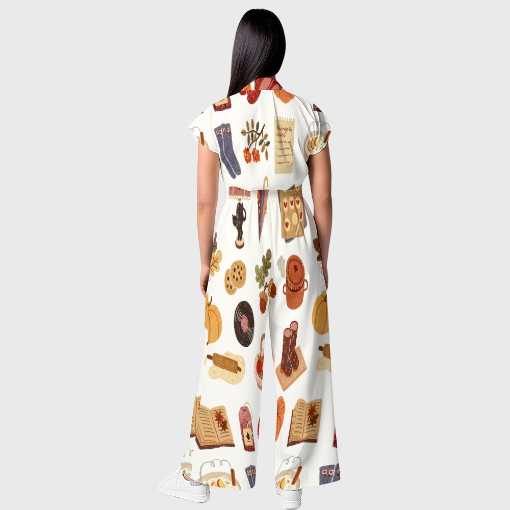 Women's Button-Up Thanksgiving Series Print Scrub Jumpsuit TJ10178