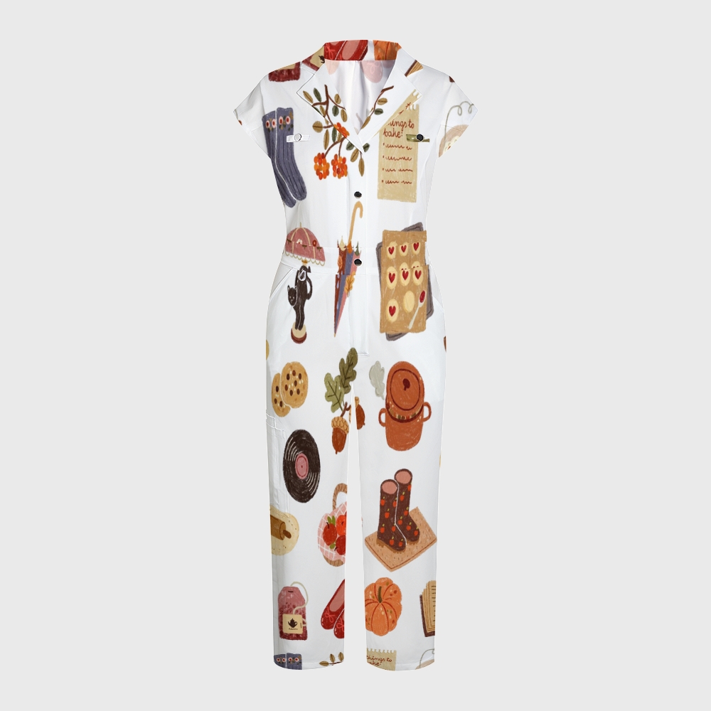 Women's Button-Up Thanksgiving Series Print Scrub Jumpsuit TJ10178
