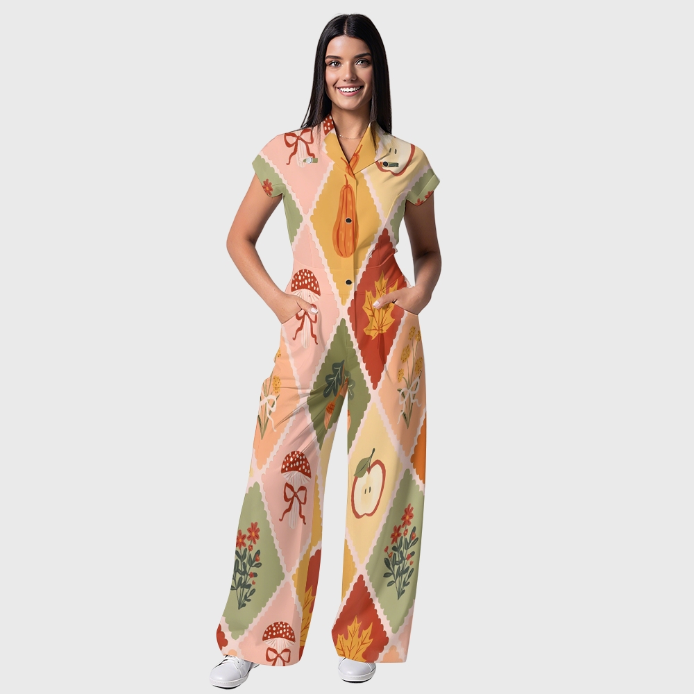 Women's Button-Up Thanksgiving Series Print Scrub Jumpsuit TJ10179