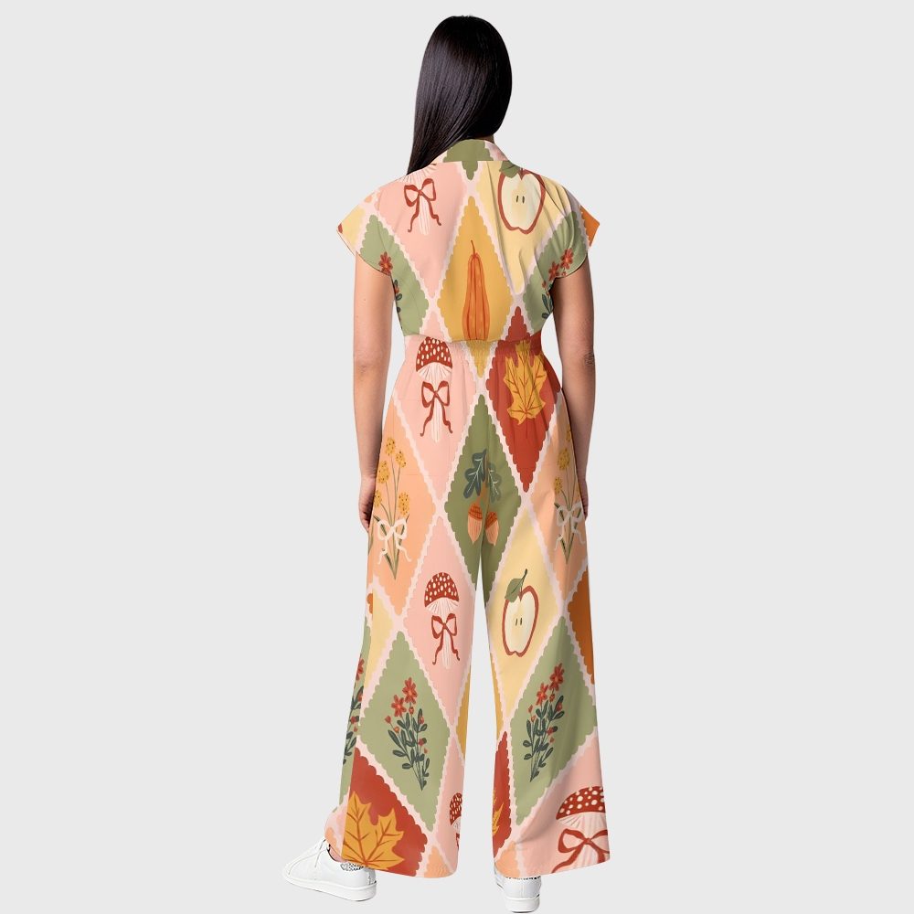 Women's Button-Up Thanksgiving Series Print Scrub Jumpsuit TJ10179