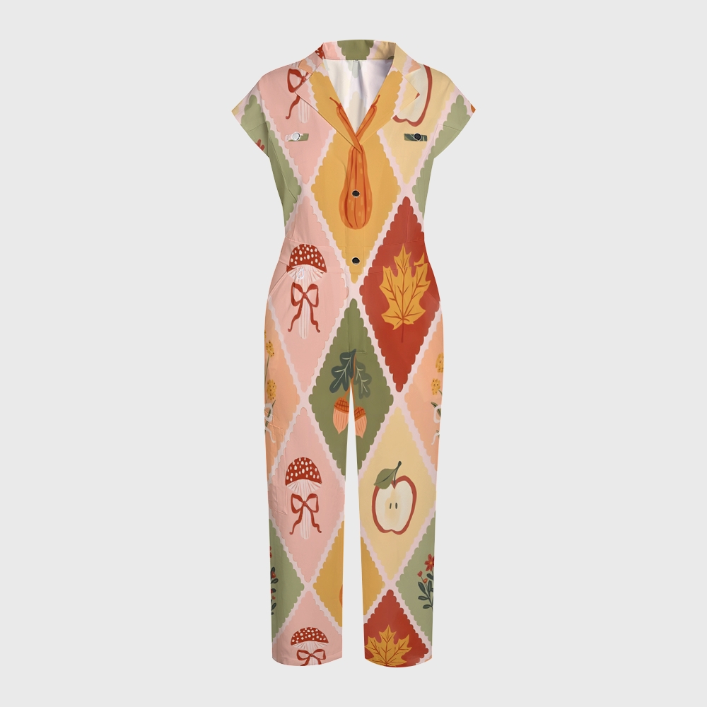 Women's Button-Up Thanksgiving Series Print Scrub Jumpsuit TJ10179