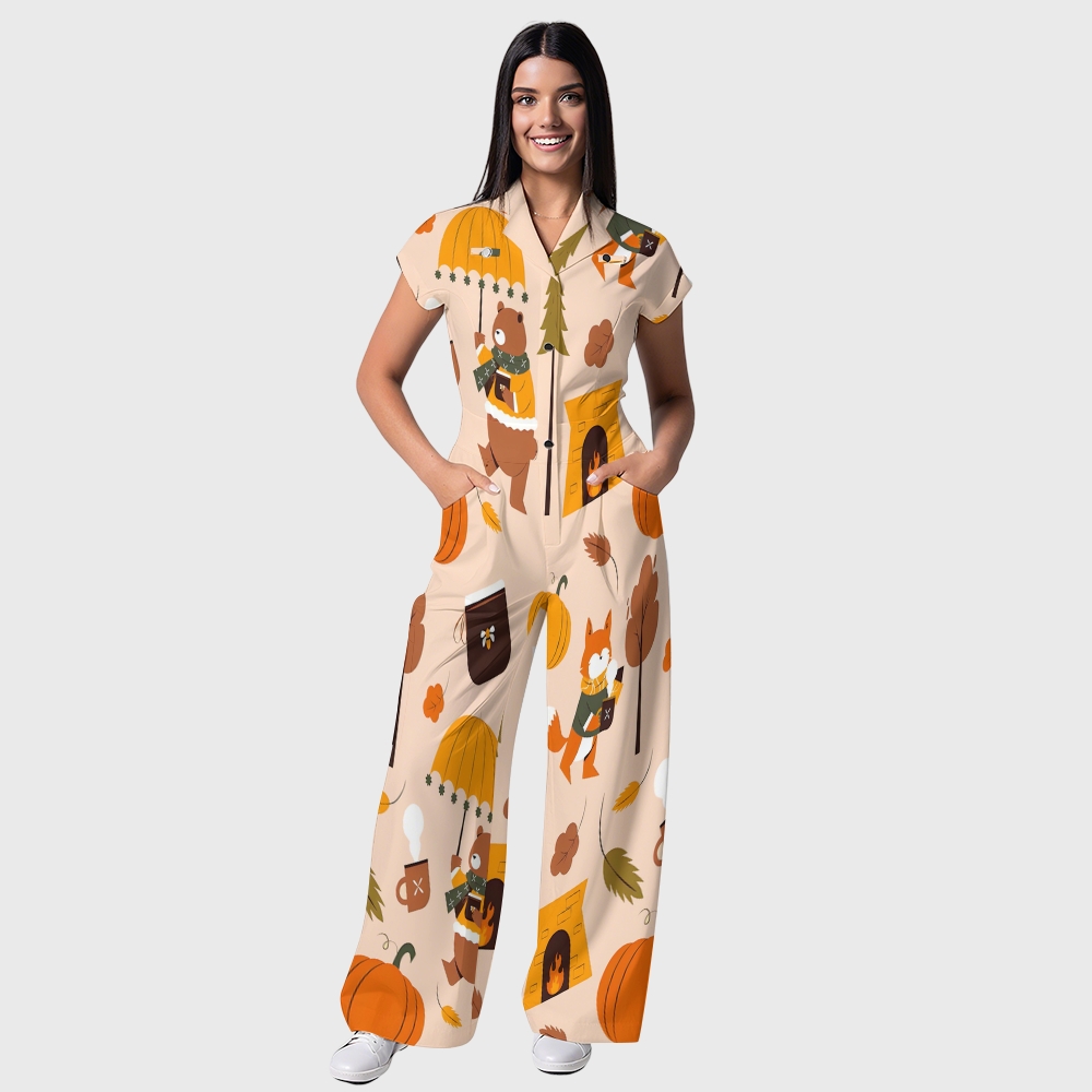 Women's Button-Up Thanksgiving Series Print Scrub Jumpsuit TJ101710
