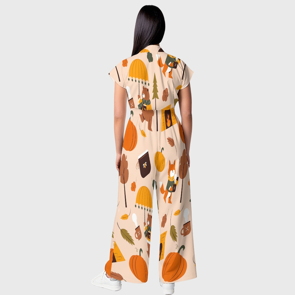 Women's Button-Up Thanksgiving Series Print Scrub Jumpsuit TJ101710