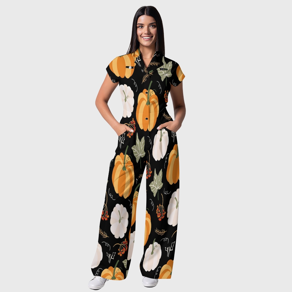 Women's Button-Up Thanksgiving Series Print Scrub Jumpsuit TJ101711