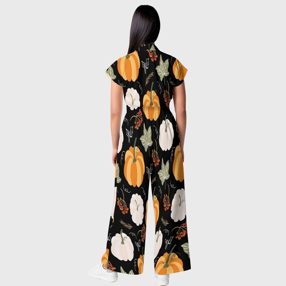 Women's Button-Up Thanksgiving Series Print Scrub Jumpsuit TJ101711