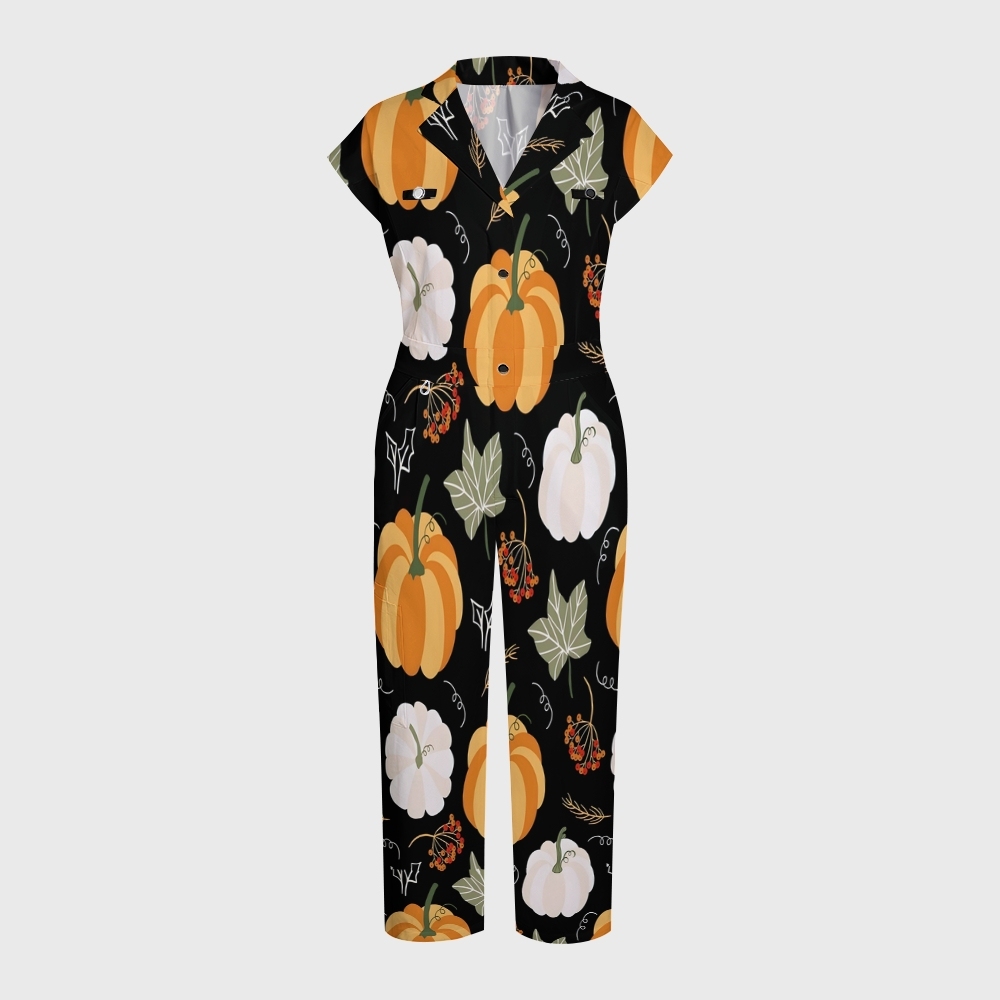 Women's Button-Up Thanksgiving Series Print Scrub Jumpsuit TJ101711