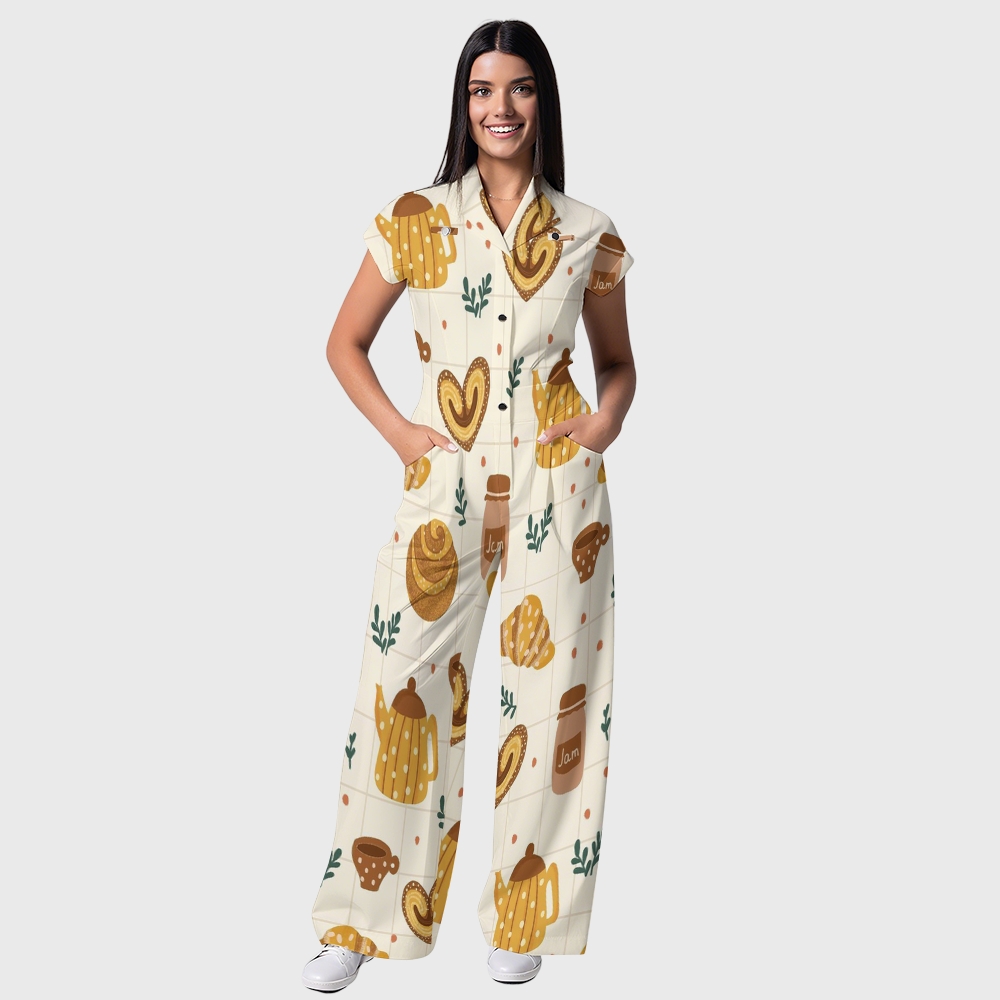 Women's Button-Up Thanksgiving Series Print Scrub Jumpsuit TJ101712