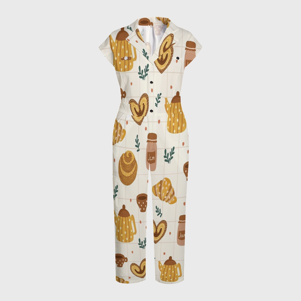 Women's Button-Up Thanksgiving Series Print Scrub Jumpsuit TJ101712