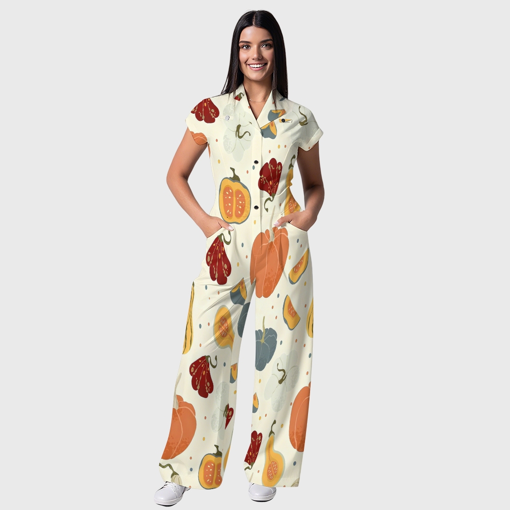 Women's Button-Up Thanksgiving Series Print Scrub Jumpsuit TJ101713