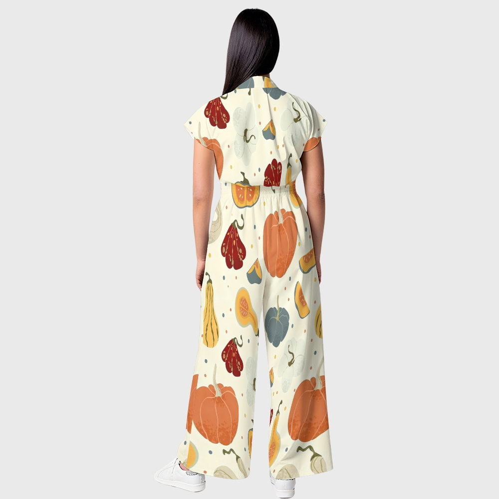 Women's Button-Up Thanksgiving Series Print Scrub Jumpsuit TJ101713