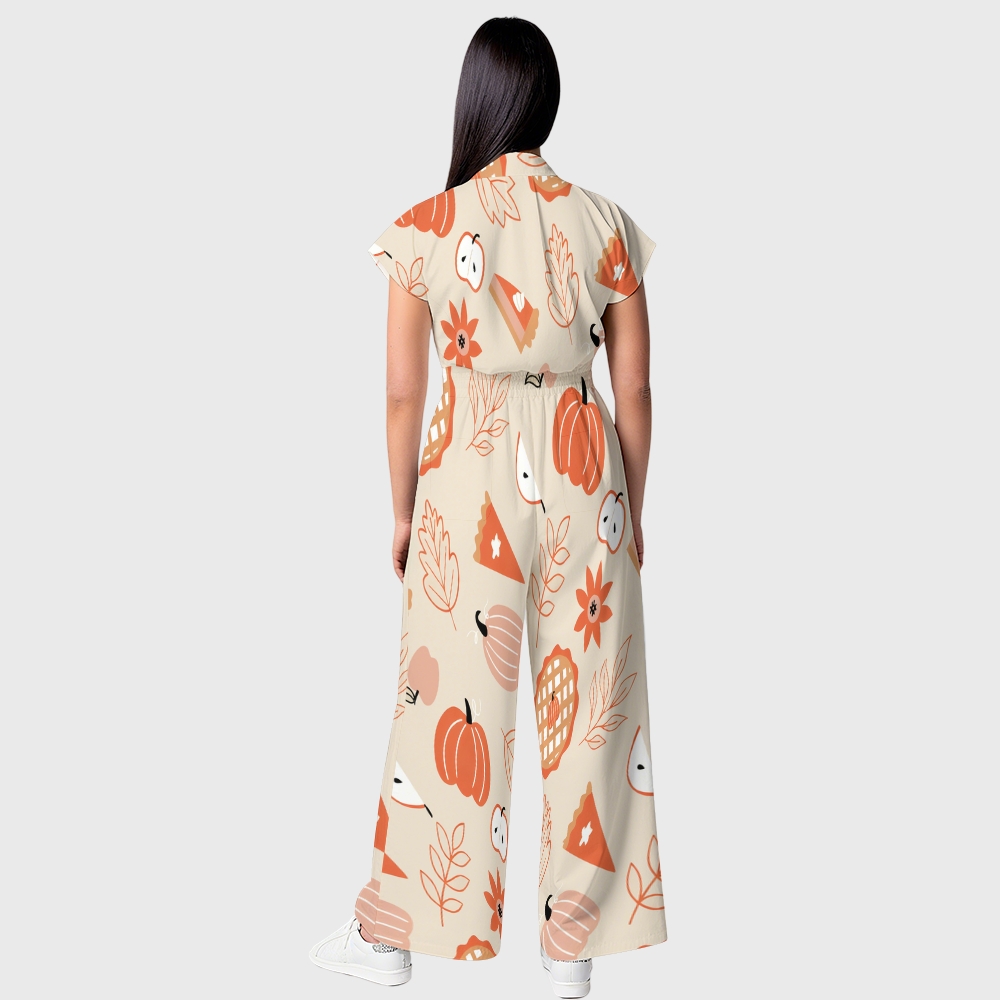 Women's Button-Up Thanksgiving Series Print Scrub Jumpsuit TJ101714