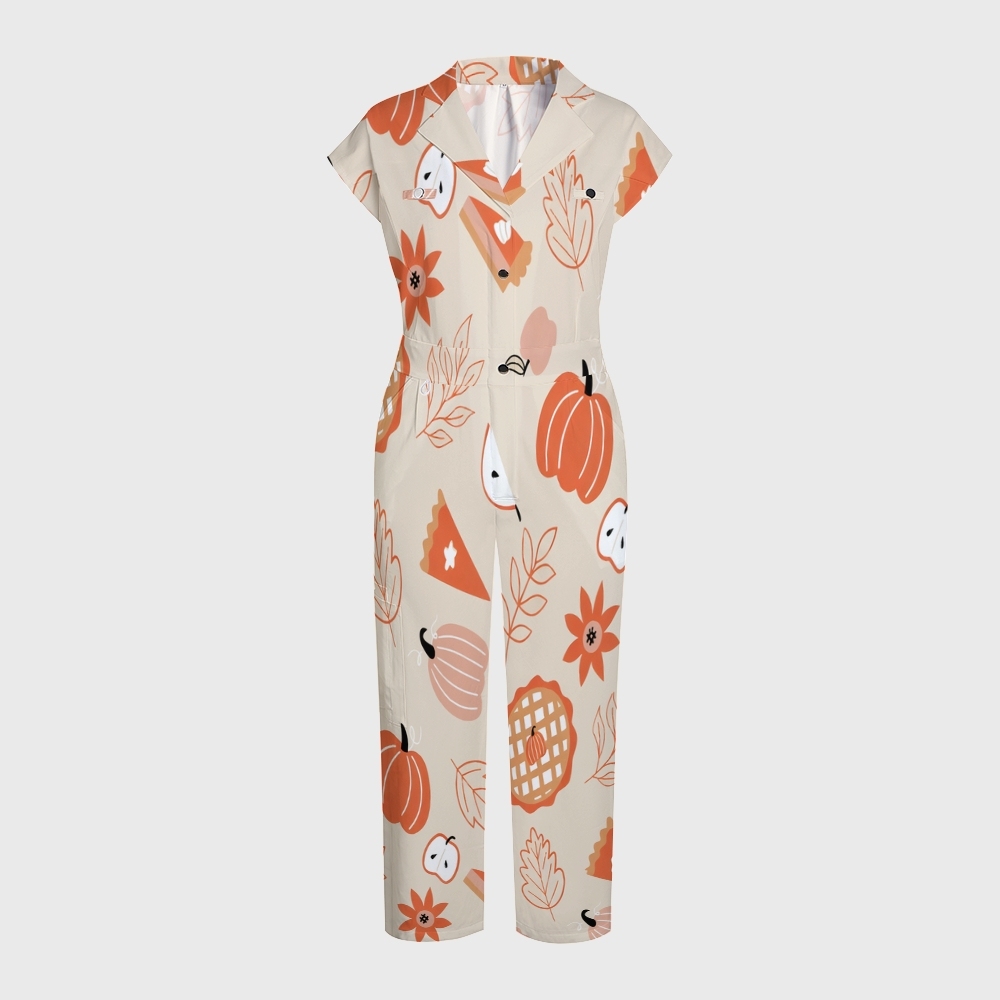 Women's Button-Up Thanksgiving Series Print Scrub Jumpsuit TJ101714