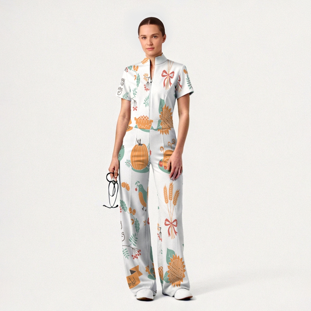 Women's Slim Fit Wide Leg Zip Neck Thanksgiving Series Printed Scrub Jumpsuit TJ10201