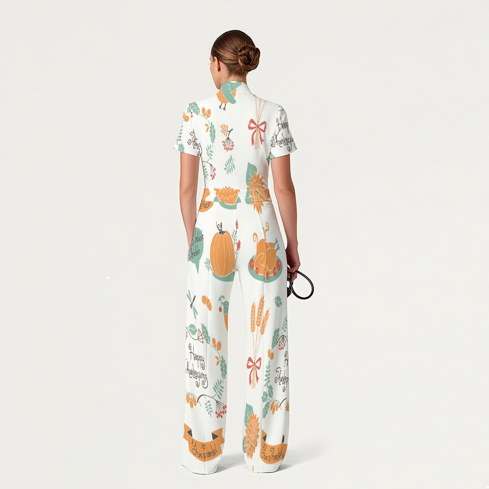 Women's Slim Fit Wide Leg Zip Neck Thanksgiving Series Printed Scrub Jumpsuit TJ10201