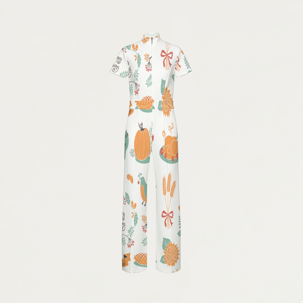 Women's Slim Fit Wide Leg Zip Neck Thanksgiving Series Printed Scrub Jumpsuit TJ10201