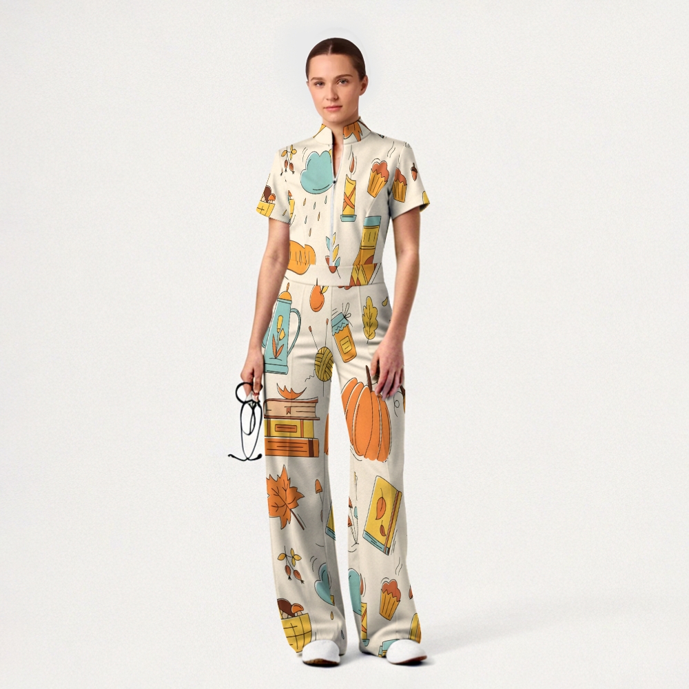 Women's Slim Fit Wide Leg Zip Neck Thanksgiving Series Printed Scrub Jumpsuit TJ10202