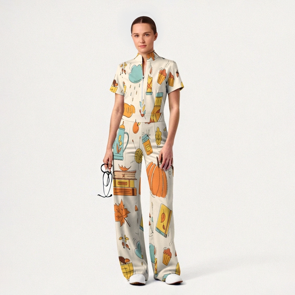 Women's Slim Fit Wide Leg Zip Neck Thanksgiving Series Printed Scrub Jumpsuit TJ10202