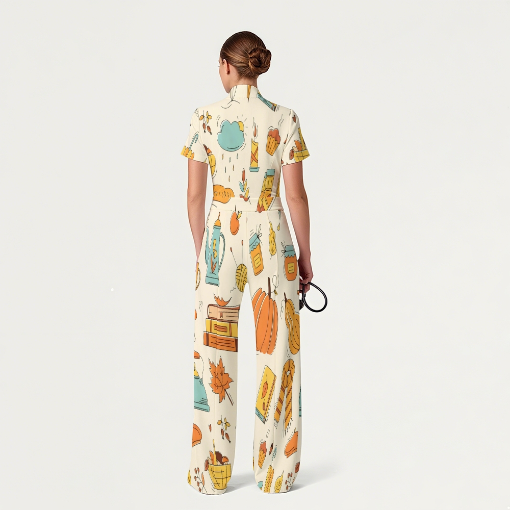 Women's Slim Fit Wide Leg Zip Neck Thanksgiving Series Printed Scrub Jumpsuit TJ10202