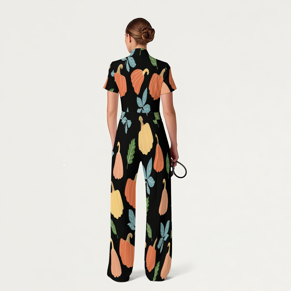 Women's Slim Fit Wide Leg Zip Neck Thanksgiving Series Printed Scrub Jumpsuit TJ10203