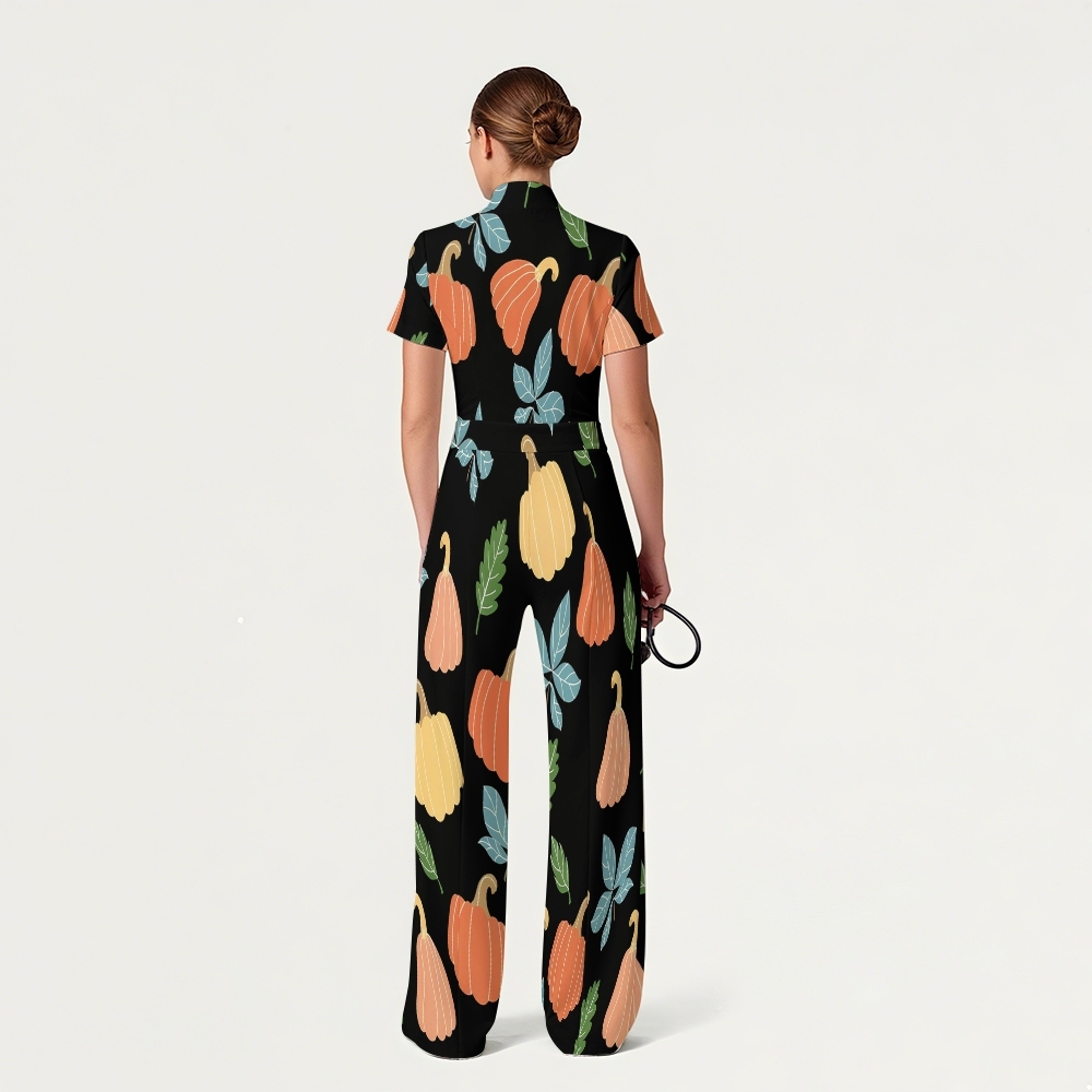 Women's Slim Fit Wide Leg Zip Neck Thanksgiving Series Printed Scrub Jumpsuit TJ10203