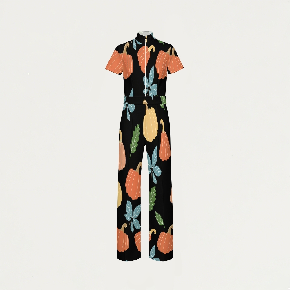 Women's Slim Fit Wide Leg Zip Neck Thanksgiving Series Printed Scrub Jumpsuit TJ10203