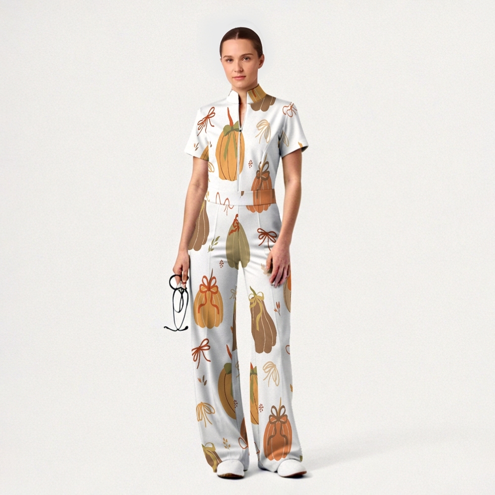 Women's Slim Fit Wide Leg Zip Neck Thanksgiving Series Printed Scrub Jumpsuit TJ10204