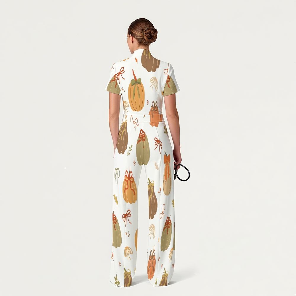 Women's Slim Fit Wide Leg Zip Neck Thanksgiving Series Printed Scrub Jumpsuit TJ10204