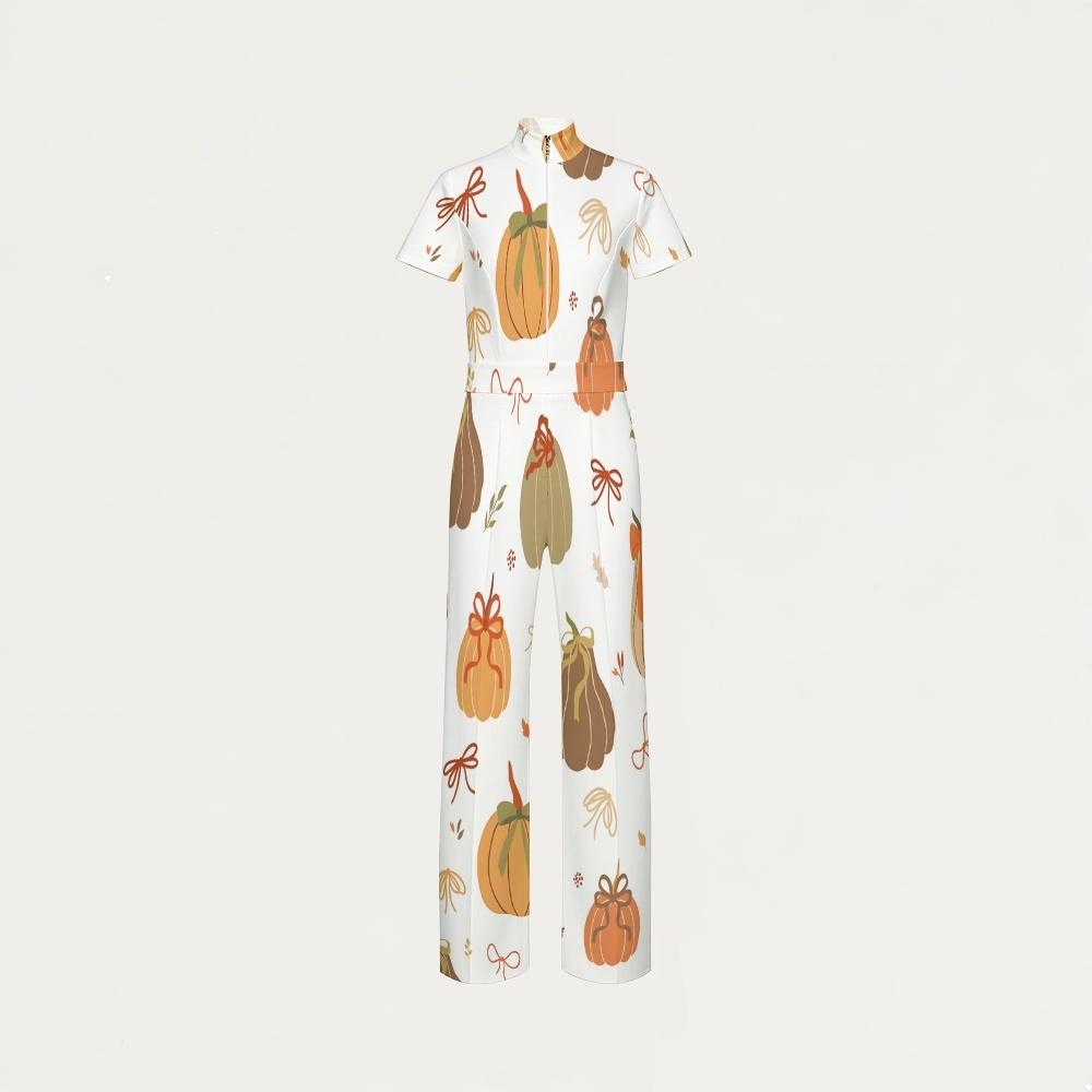 Women's Slim Fit Wide Leg Zip Neck Thanksgiving Series Printed Scrub Jumpsuit TJ10204