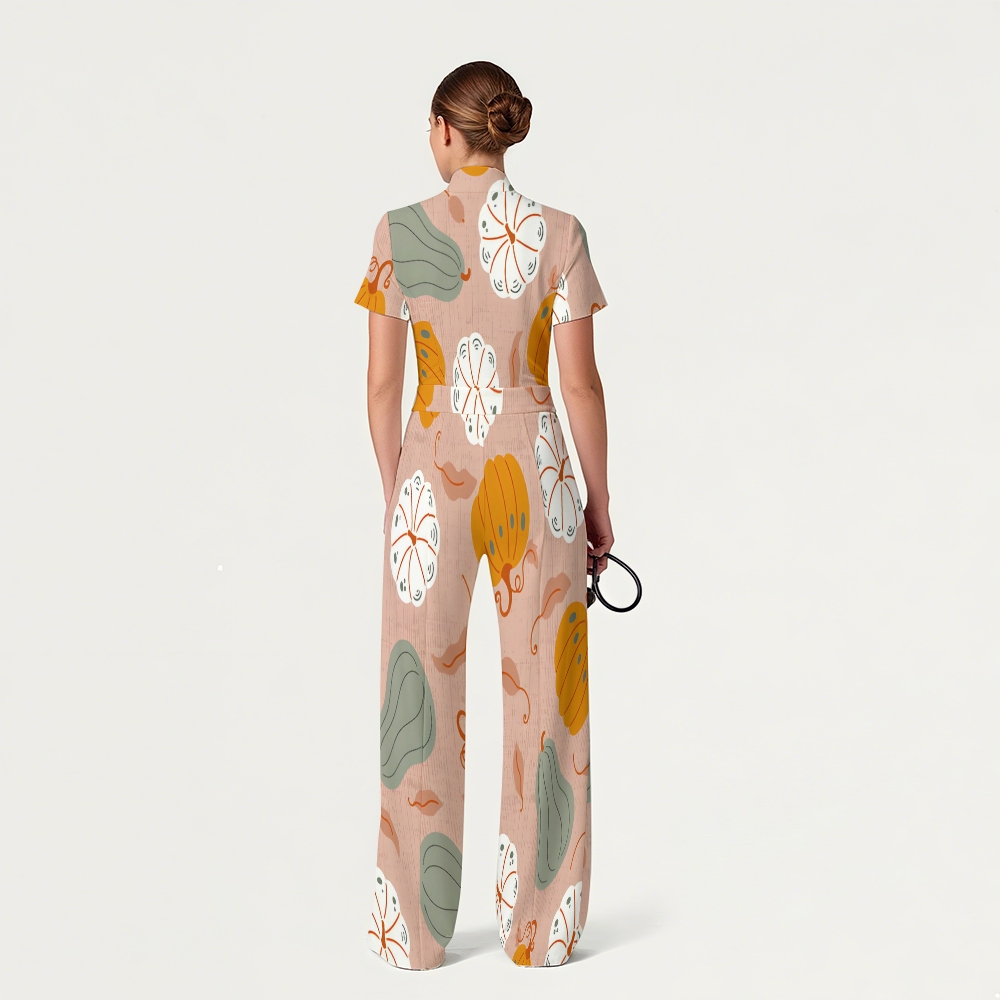 Women's Slim Fit Wide Leg Zip Neck Thanksgiving Series Printed Scrub Jumpsuit TJ10205