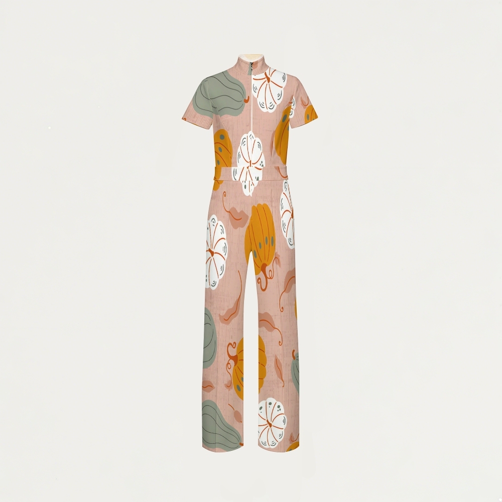 Women's Slim Fit Wide Leg Zip Neck Thanksgiving Series Printed Scrub Jumpsuit TJ10205