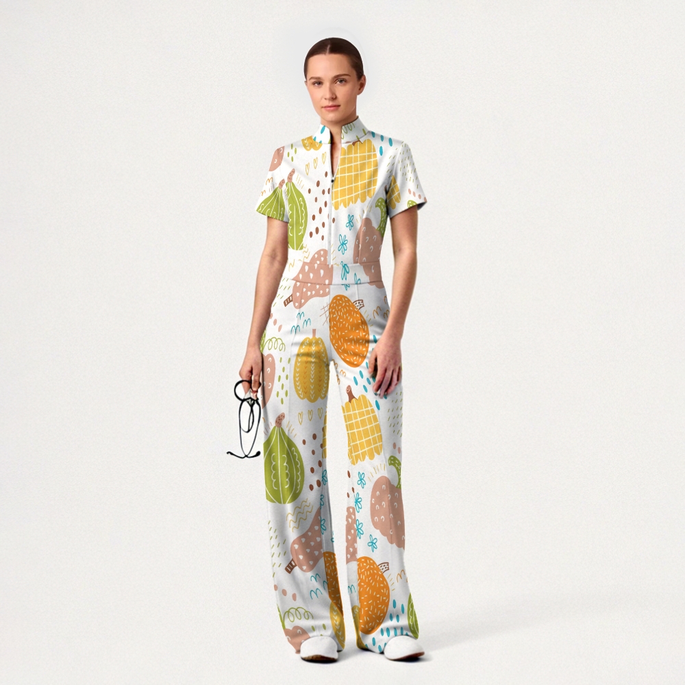 Women's Slim Fit Wide Leg Zip Neck Thanksgiving Series Printed Scrub Jumpsuit TJ10206