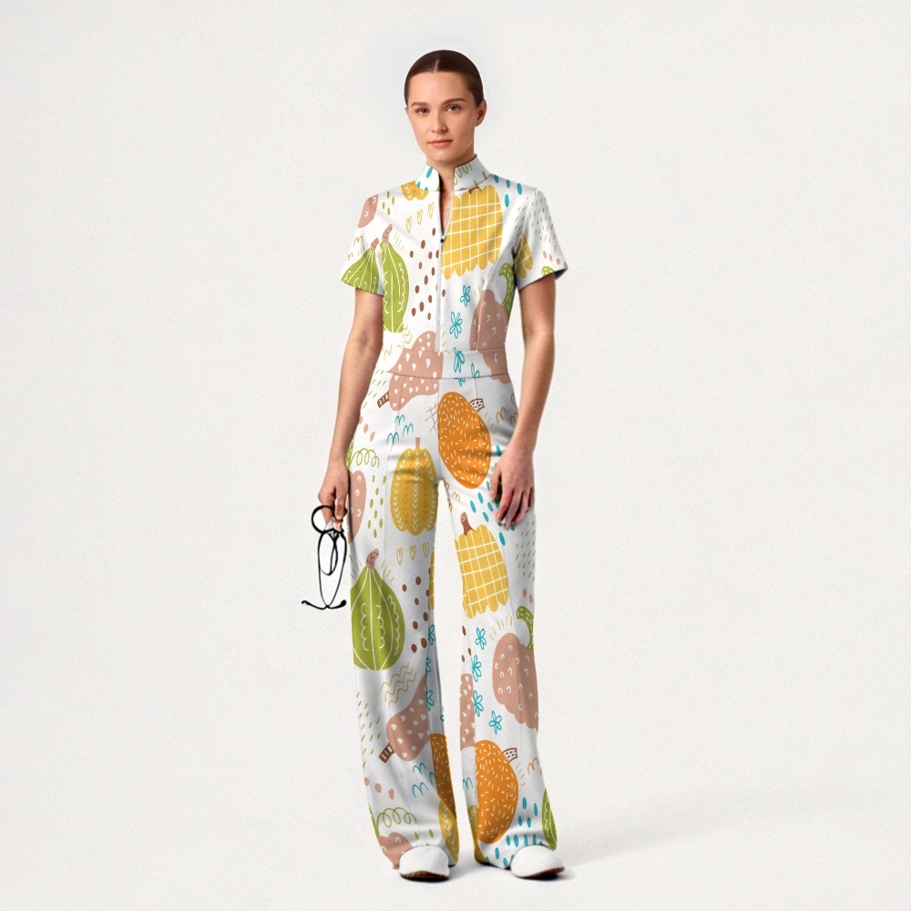Women's Slim Fit Wide Leg Zip Neck Thanksgiving Series Printed Scrub Jumpsuit TJ10206