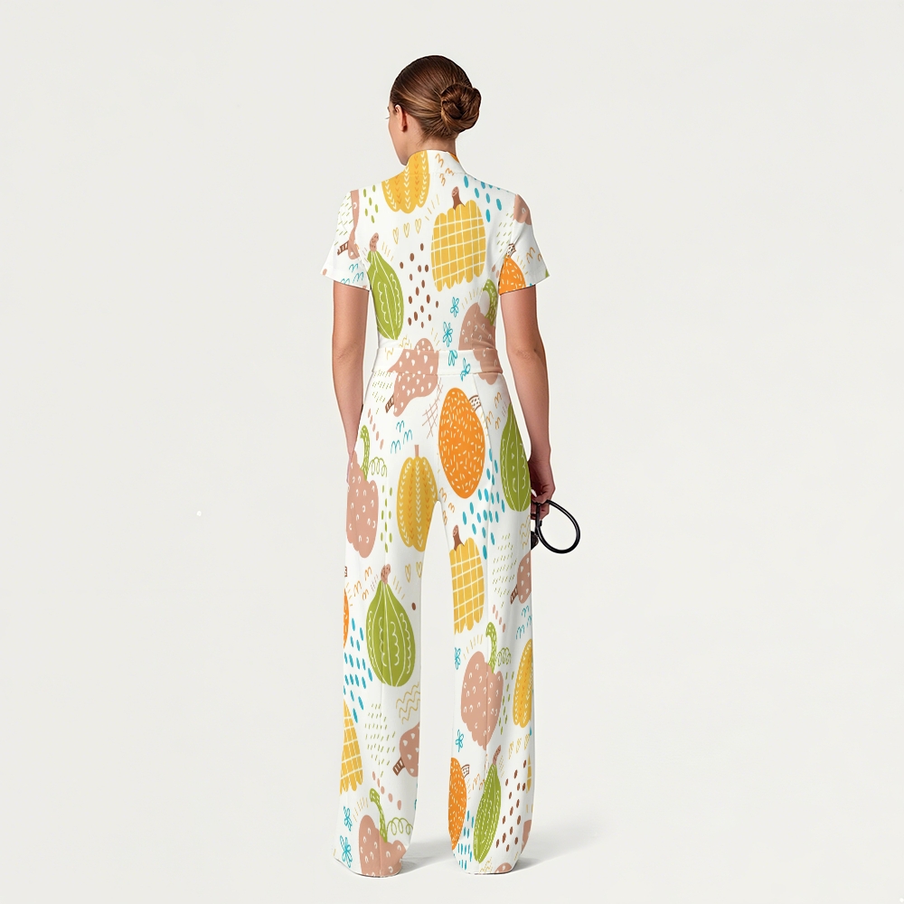 Women's Slim Fit Wide Leg Zip Neck Thanksgiving Series Printed Scrub Jumpsuit TJ10206