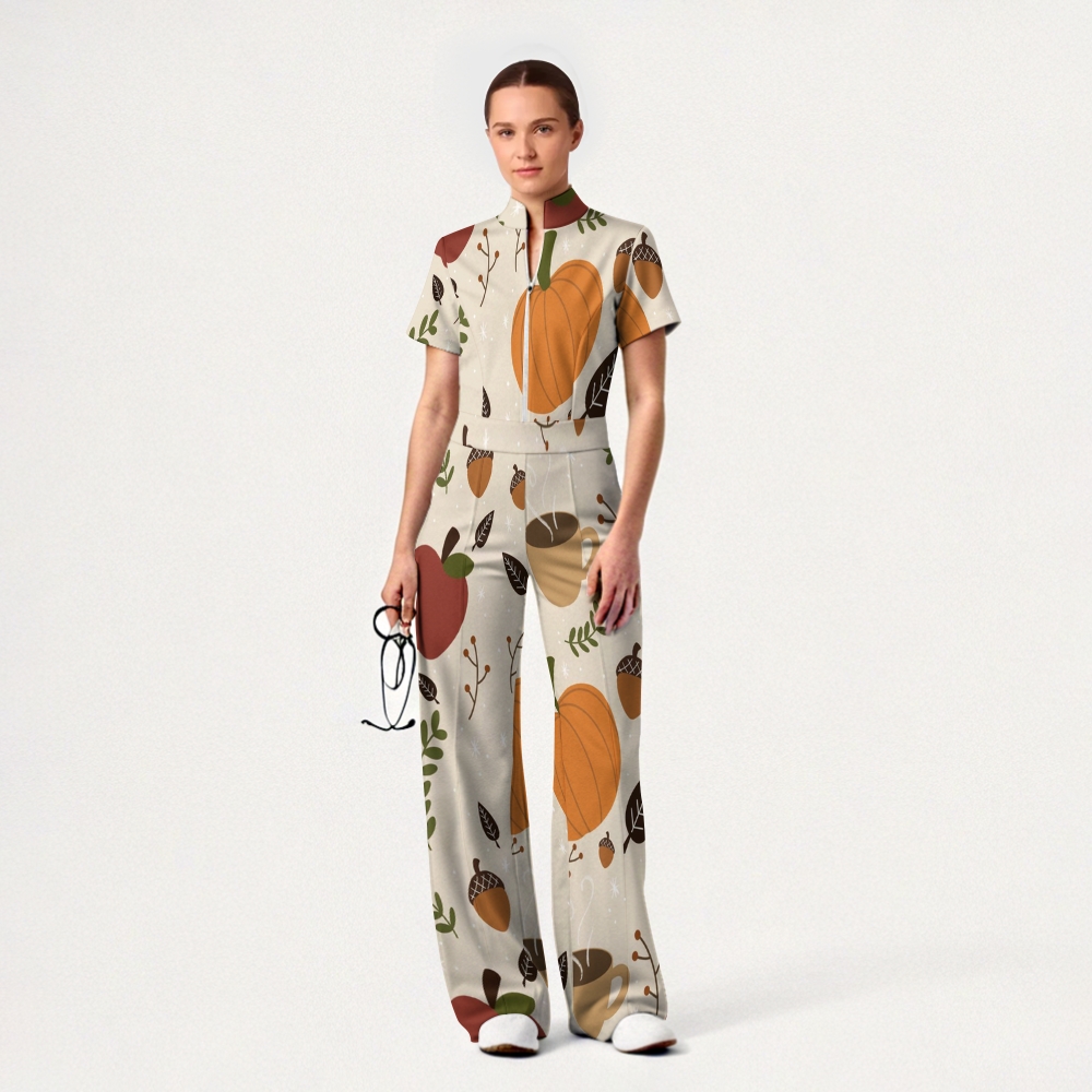 Women's Slim Fit Wide Leg Zip Neck Thanksgiving Series Printed Scrub Jumpsuit TJ10207