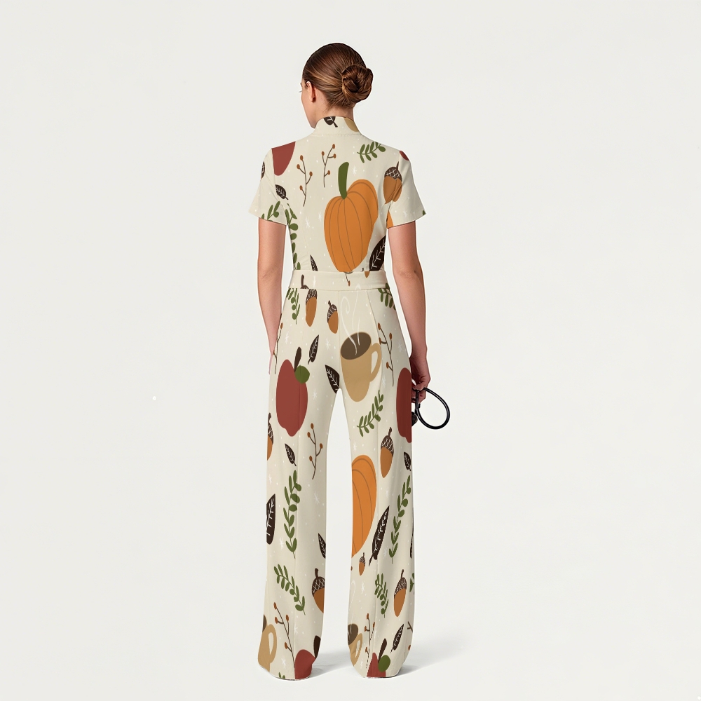 Women's Slim Fit Wide Leg Zip Neck Thanksgiving Series Printed Scrub Jumpsuit TJ10207