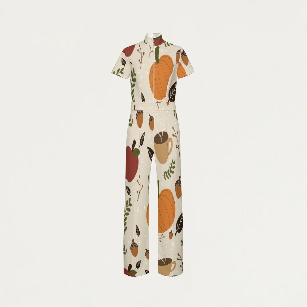 Women's Slim Fit Wide Leg Zip Neck Thanksgiving Series Printed Scrub Jumpsuit TJ10207