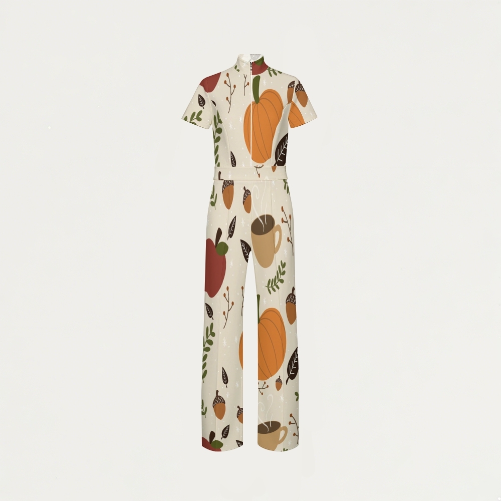 Women's Slim Fit Wide Leg Zip Neck Thanksgiving Series Printed Scrub Jumpsuit TJ10207