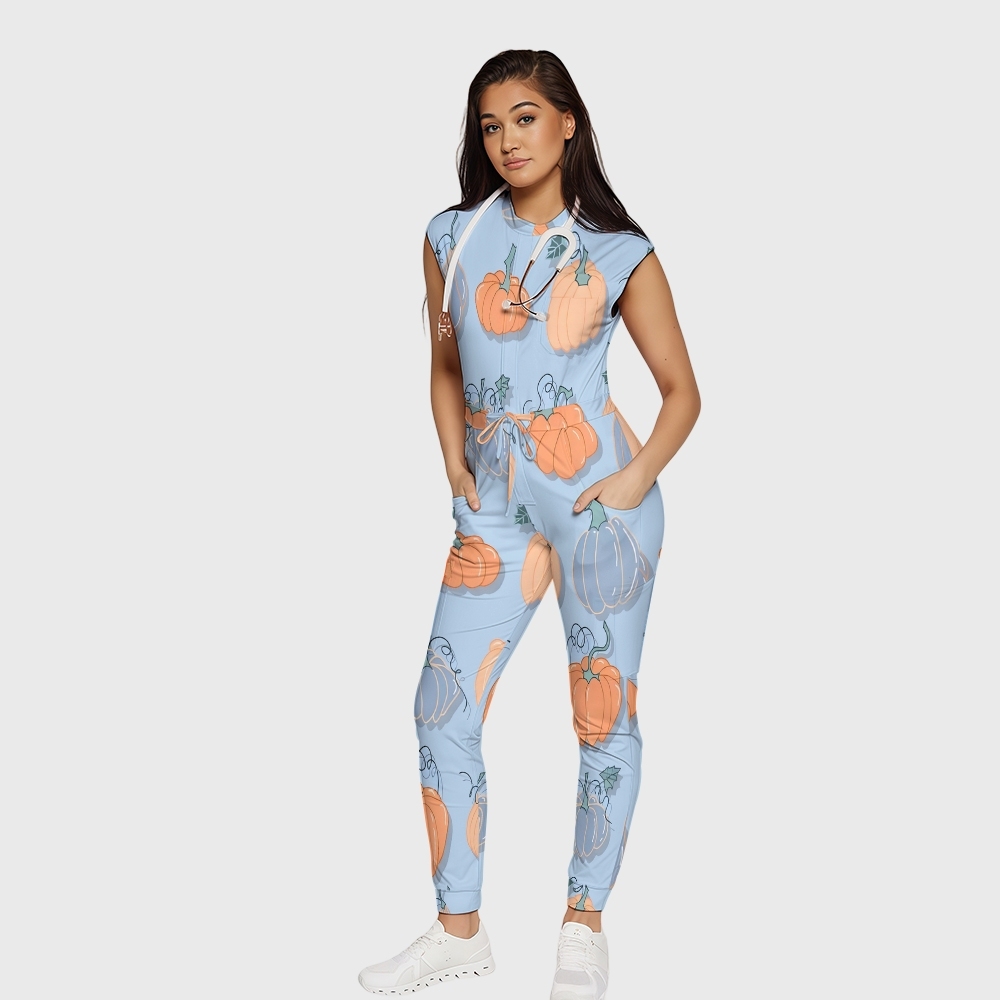 Women's Twelve Pockets Jogger Thanksgiving Series Printed Scrub Jumpsuit TJ10212