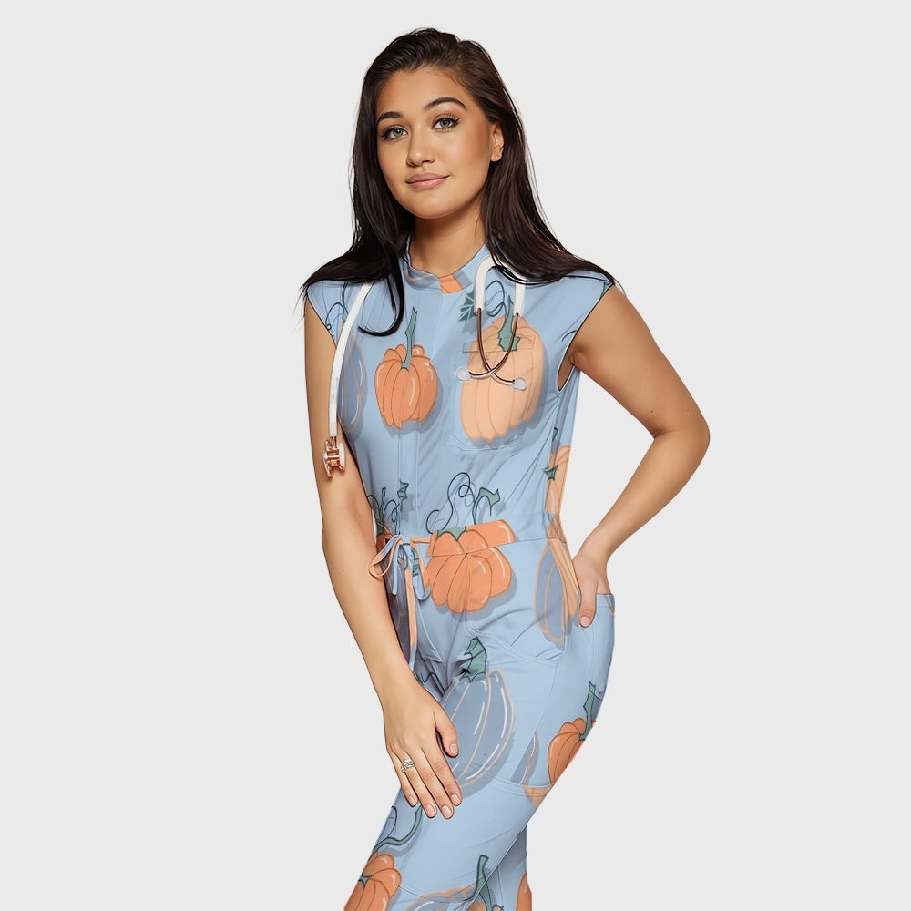Women's Twelve Pockets Jogger Thanksgiving Series Printed Scrub Jumpsuit TJ10212