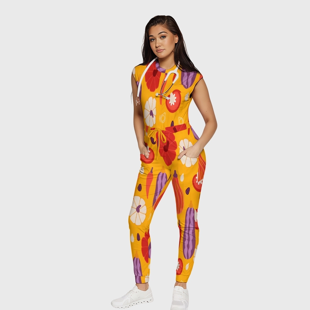 Women's Twelve Pockets Jogger Thanksgiving Series Printed Scrub Jumpsuit TJ10213