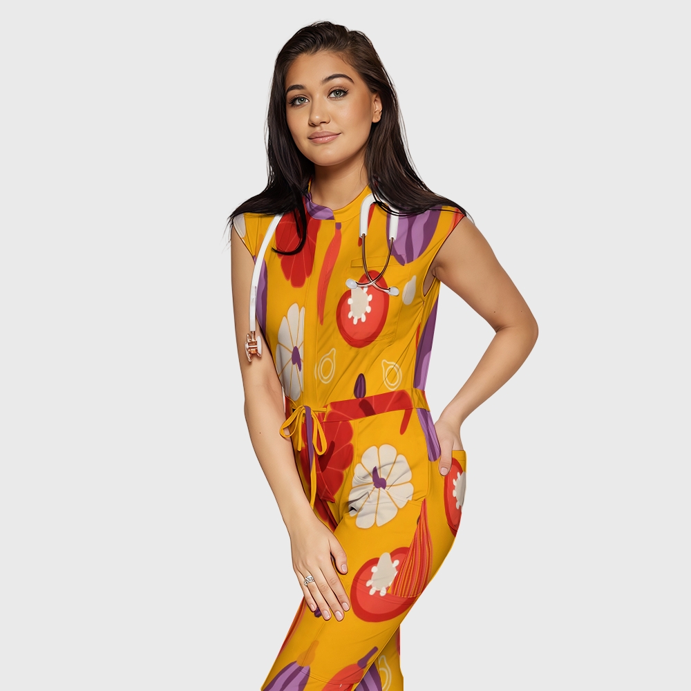 Women's Twelve Pockets Jogger Thanksgiving Series Printed Scrub Jumpsuit TJ10213
