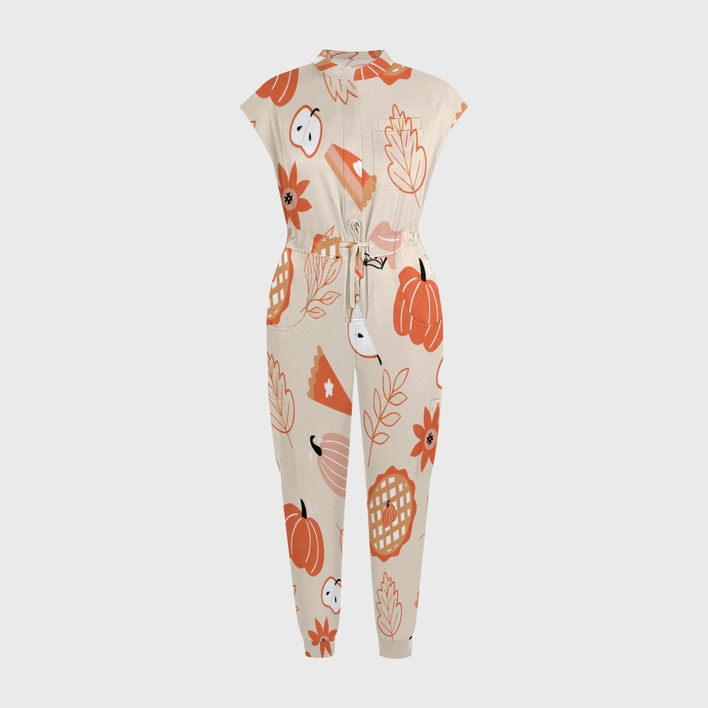 Women's Twelve Pockets Jogger Thanksgiving Series Printed Scrub Jumpsuit TJ10214