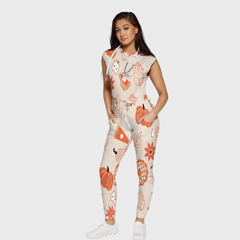 Women's Twelve Pockets Jogger Thanksgiving Series Printed Scrub Jumpsuit TJ10214