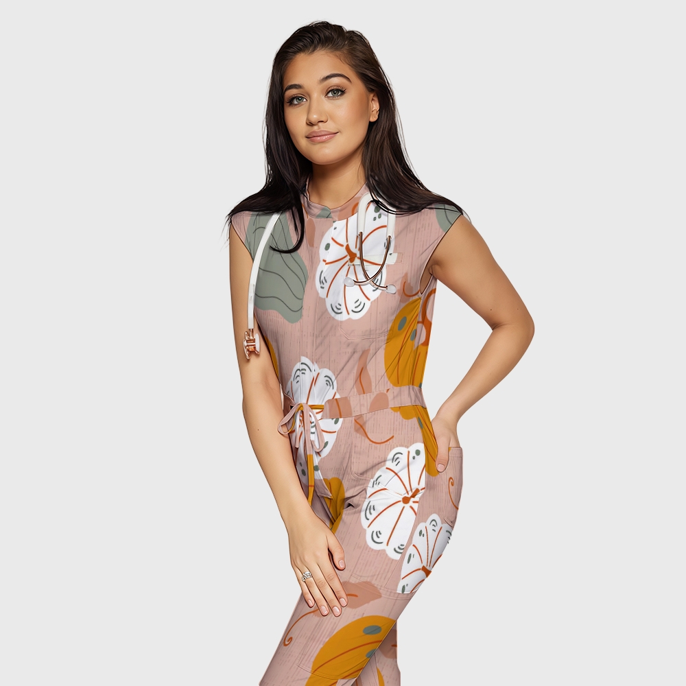 Women's Twelve Pockets Jogger Thanksgiving Series Printed Scrub Jumpsuit TJ10215