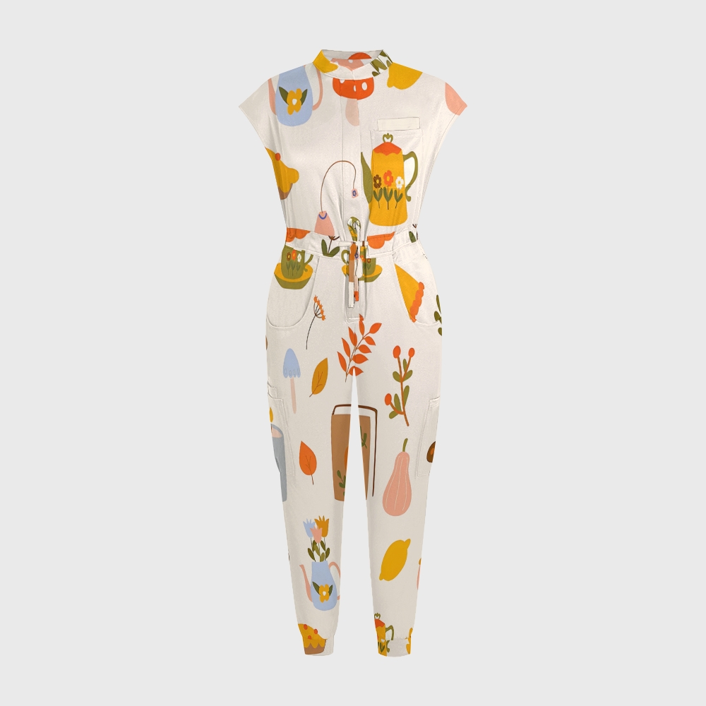 Women's Twelve Pockets Jogger Thanksgiving Series Printed Scrub Jumpsuit TJ10216