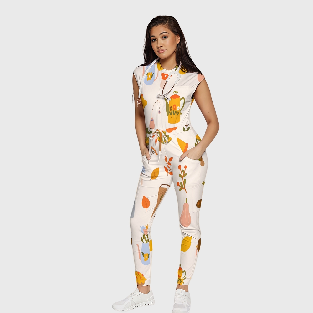 Women's Twelve Pockets Jogger Thanksgiving Series Printed Scrub Jumpsuit TJ10216