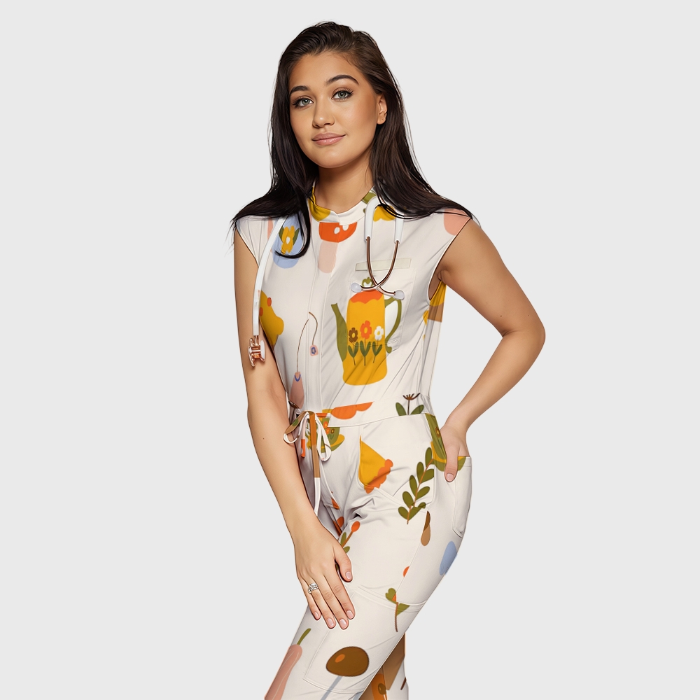 Women's Twelve Pockets Jogger Thanksgiving Series Printed Scrub Jumpsuit TJ10216