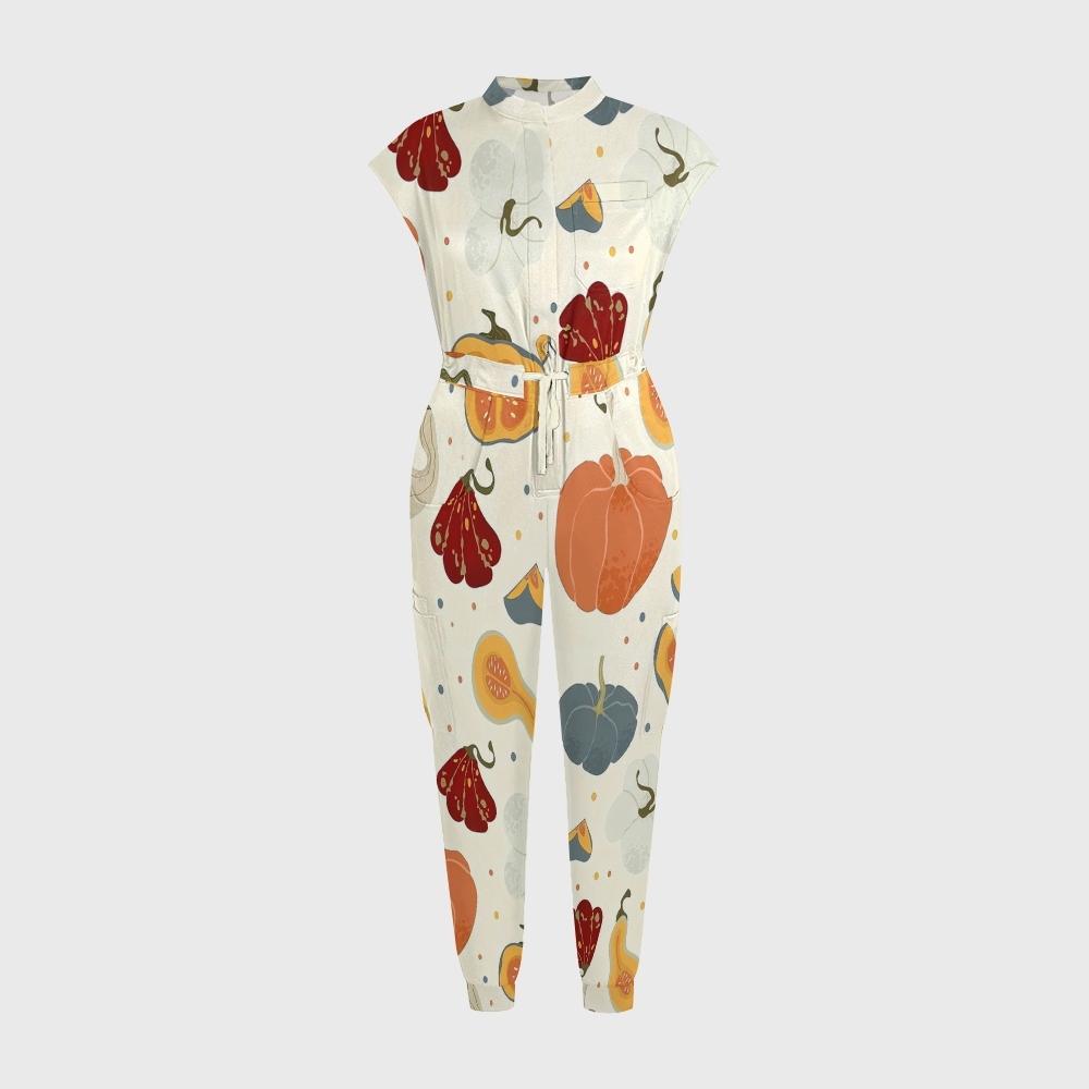 Women's Twelve Pockets Jogger Thanksgiving Series Printed Scrub Jumpsuit TJ10217