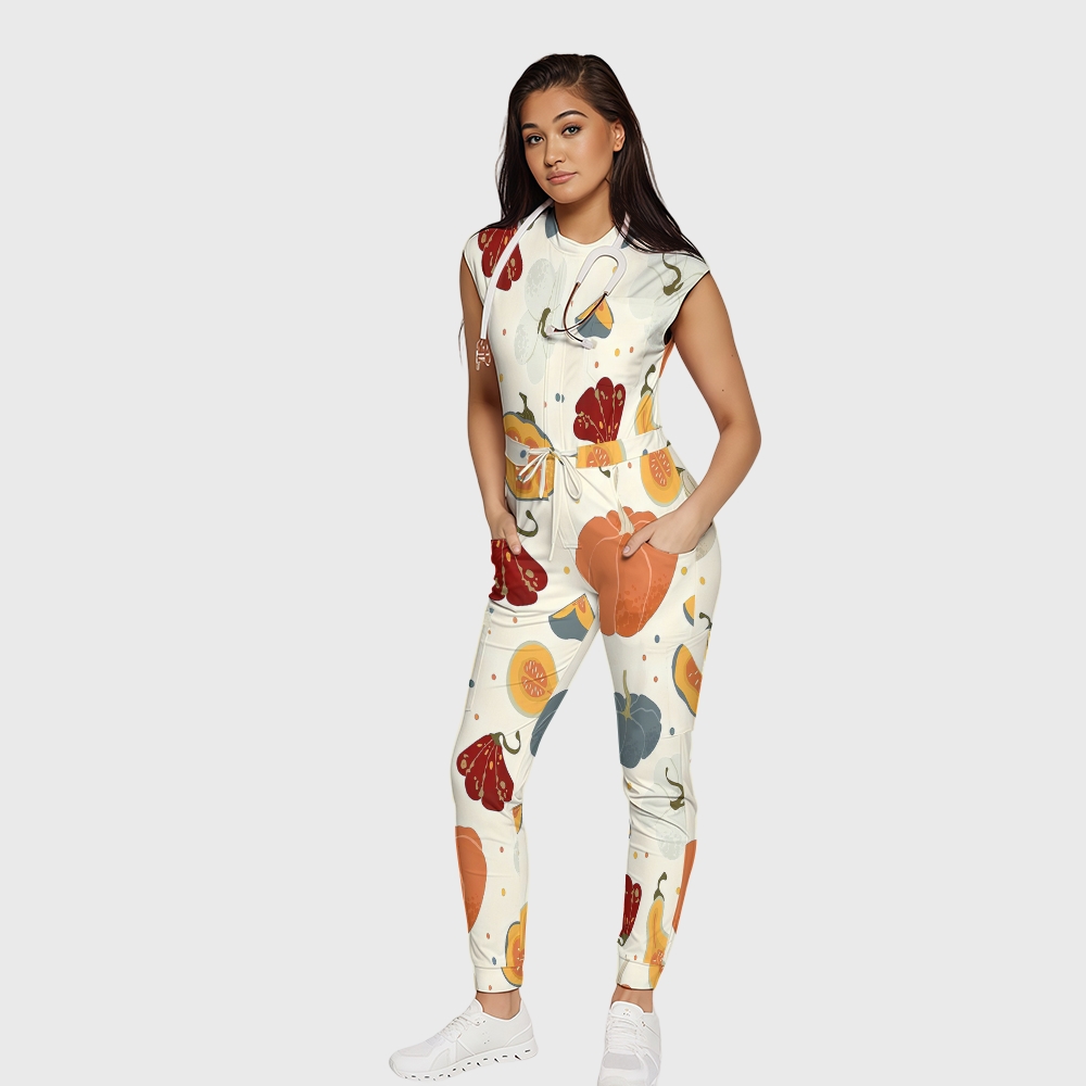 Women's Twelve Pockets Jogger Thanksgiving Series Printed Scrub Jumpsuit TJ10217