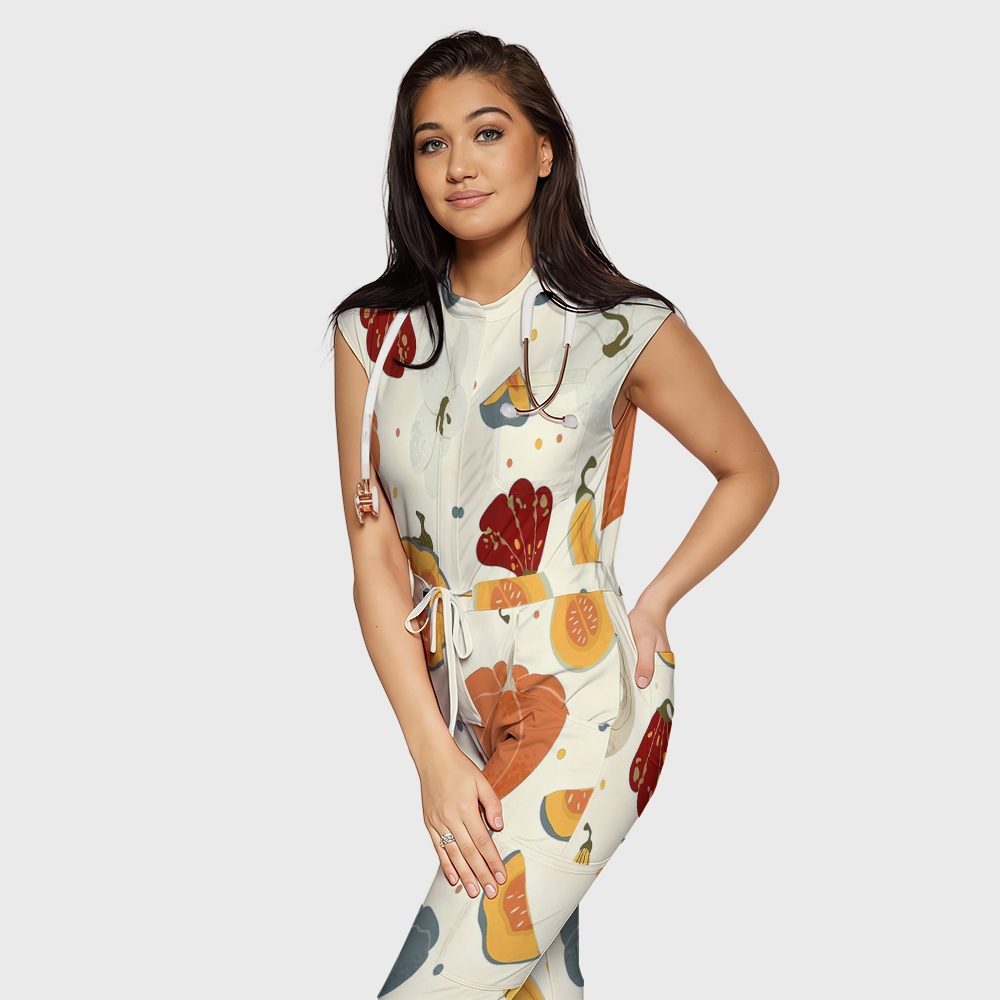 Women's Twelve Pockets Jogger Thanksgiving Series Printed Scrub Jumpsuit TJ10217